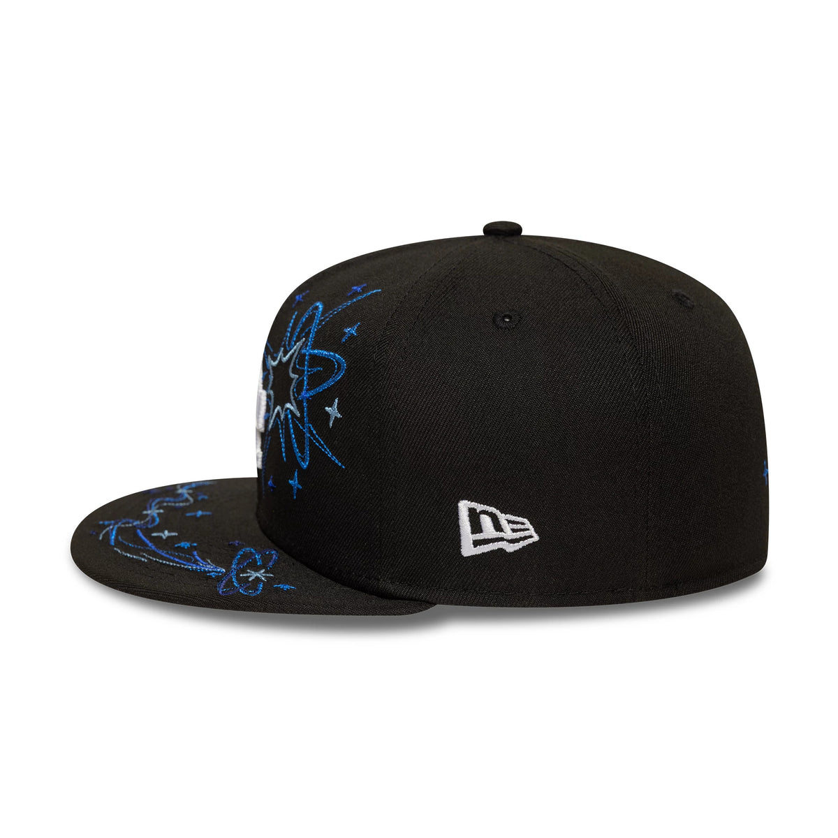 LA Dodgers MLB Zodiac Black New Era 59FIFTY Fitted Cap, side view showing the white New Era flag logo on the left side with intricate blue embroidered zodiac designs on the black structured crown and visor.