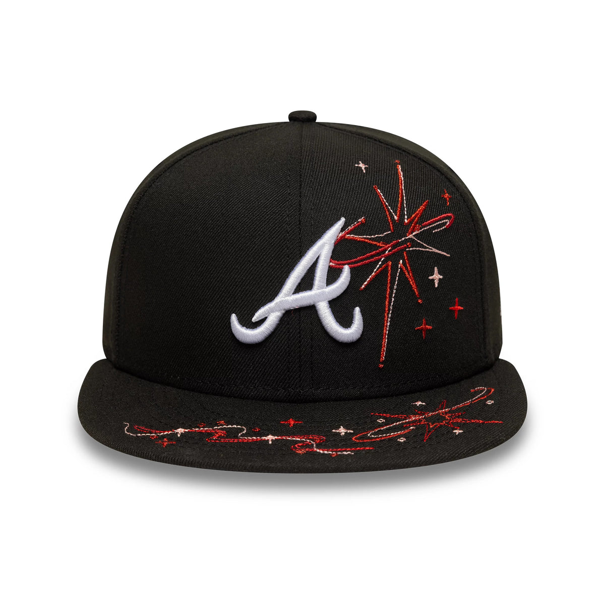 Atlanta Braves MLB Zodiac Black New Era 59FIFTY Fitted Cap, front view showing the white raised embroidered A logo on the front panel, with intricate red and pink zodiac-themed embroidery on the right crown and visor.