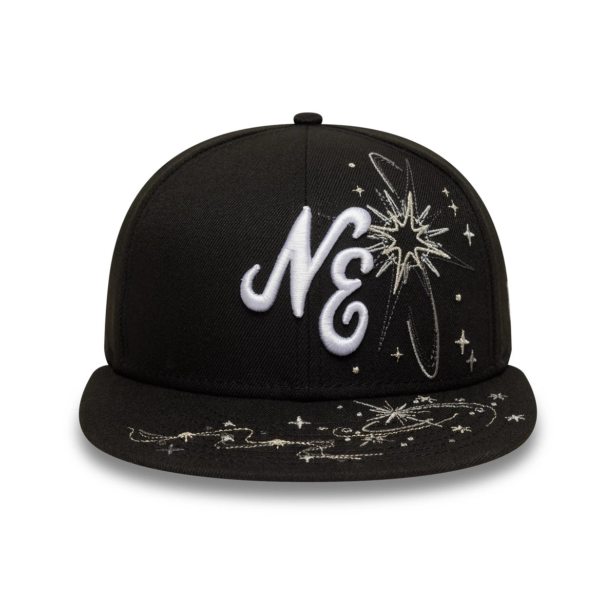 New Era Zodiac Black 59FIFTY Fitted Cap, front view showing an embroidered NE logo in white on the structured black crown, surrounded by intricate silver star and constellation graphics extending onto the visor.