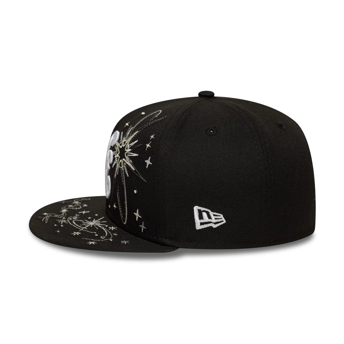 New Era Zodiac Black 59FIFTY Fitted Cap, side view showing the white New Era flag logo on the left side and intricate zodiac-themed embroidery on the front panel and visor, featuring stars and celestial designs.