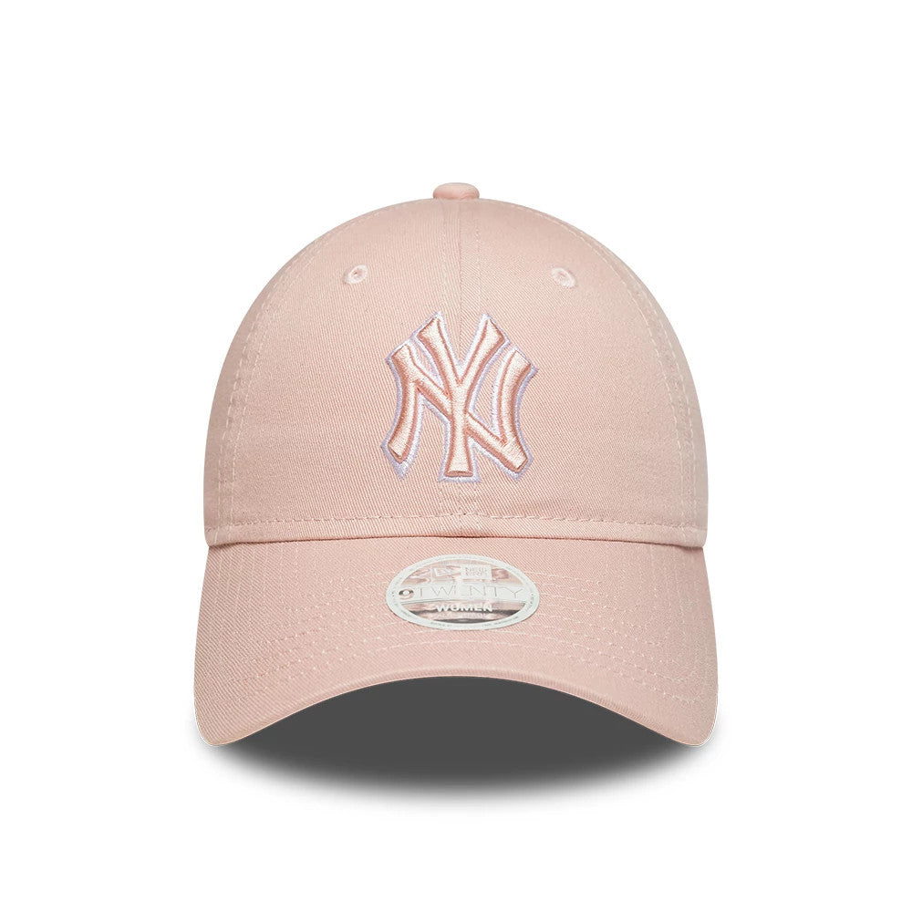 New York Yankees Womens MLB Washed Pastel Pink New Era 9TWENTY Adjustable Cap, front view showing the white and pink embroidered NY logo on the structured pastel pink crown, with a curved visor and 9TWENTY size sticker.