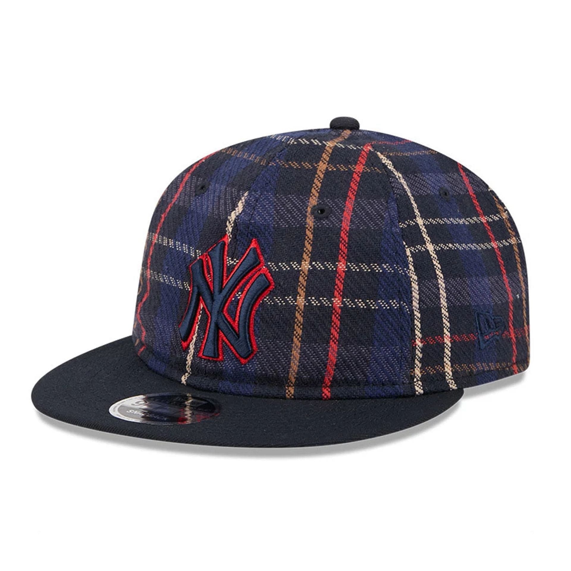 This is a New York Yankees MLB Grunge Style Plaid Open Blue Retro Crown 9FIFTY Adjustable Cap 1