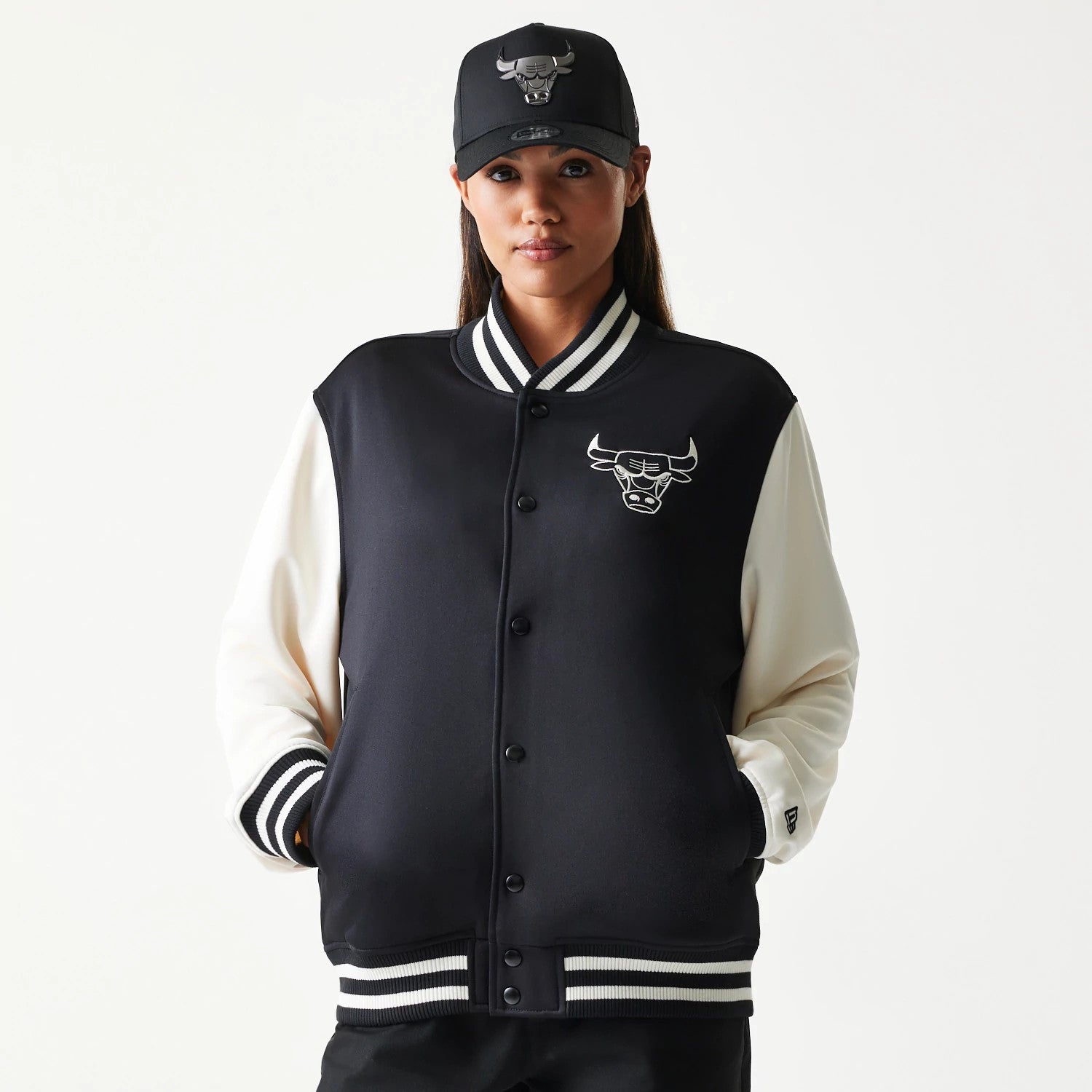 The model is wearing this NBA Chicago Bulls Bomber Jacket in black. 4