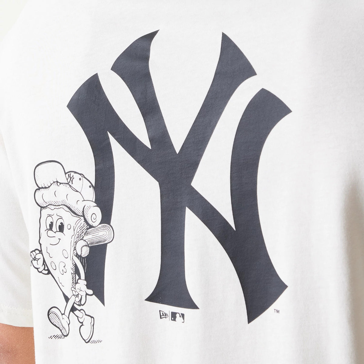 New Era New York Yankees MLB Food Graphic Open White T-Shirt, front view showing a large printed black NY logo with a playful cartoon pizza character holding a bat on the left side.