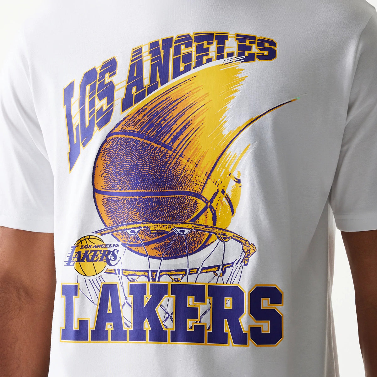 New Era LA Lakers NBA Ball Graphic White T-Shirt, back view showing a large graphic of an orange basketball hitting a hoop with purple Los Angeles Lakers lettering, styled on a model.
