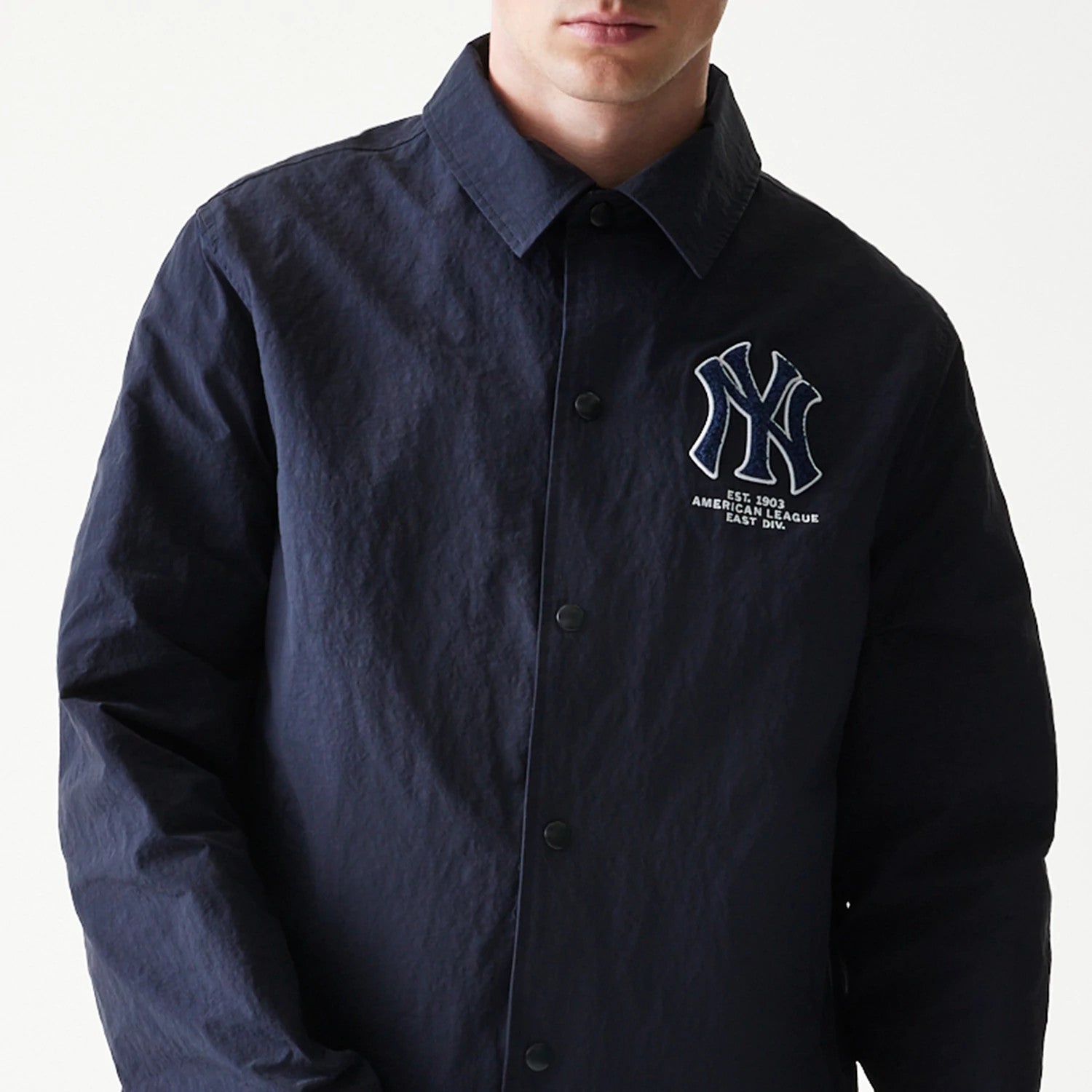 The model is wearing this MLB Coaches New York Yankees Jacket in navy. 3