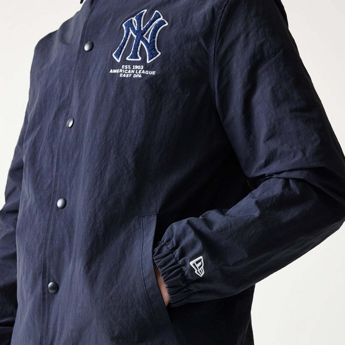 The model is wearing this MLB Coaches New York Yankees Jacket in navy. 7