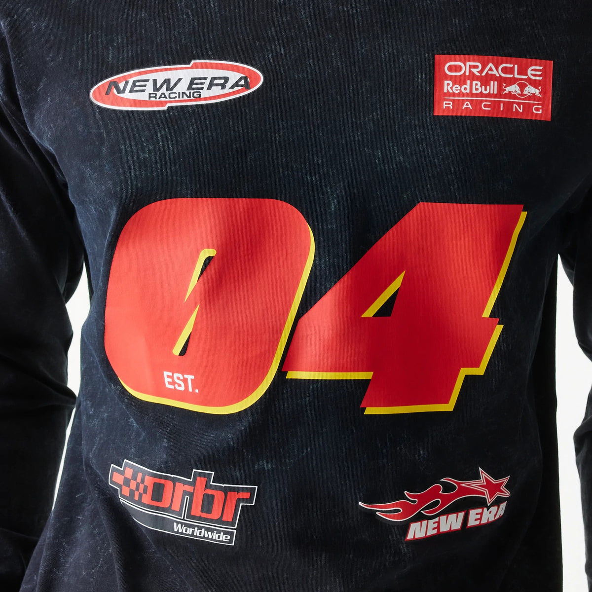 New Era Red Bull Racing Graphic Black Long Sleeve T-Shirt, front view showing red racing number 04 with yellow outline on the chest, printed New Era Racing and Oracle Red Bull Racing logos above, and additional graphics below.