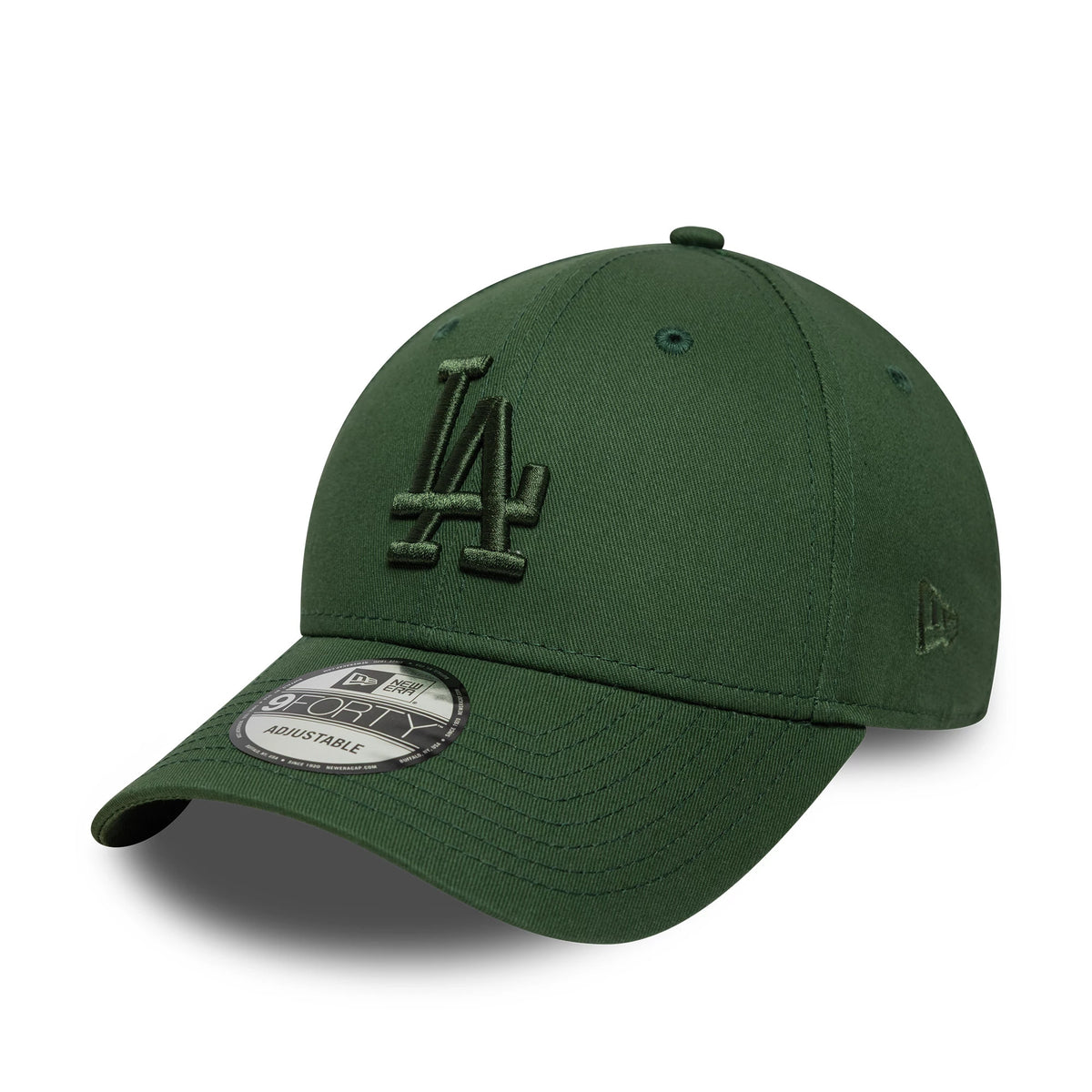 LA Dodgers MLB League Essential Dark Green New Era 9FORTY Cap, three-quarter view showing the raised embroidered LA logo on the front panel, dark green curved visor and a 9FORTY size sticker on the top.