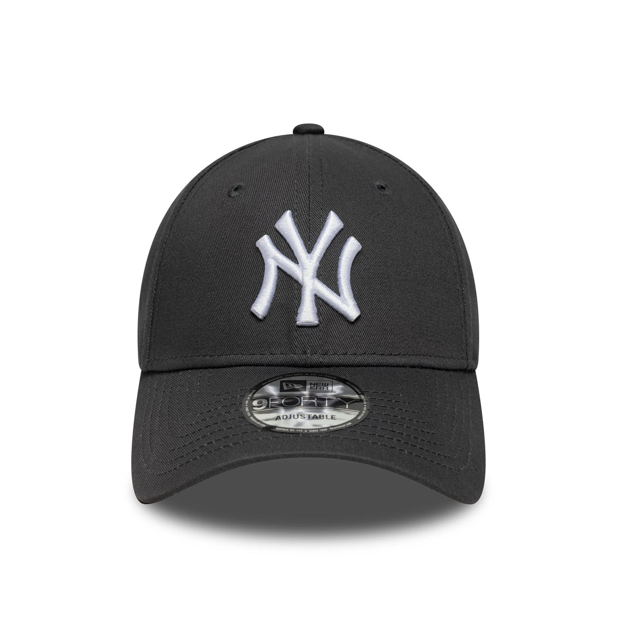New York Yankees MLB League Essential Charcoal New Era 9FORTY Cap, front view showing the raised white NY logo on the structured charcoal crown, with a curved visor featuring a 9FORTY size sticker.