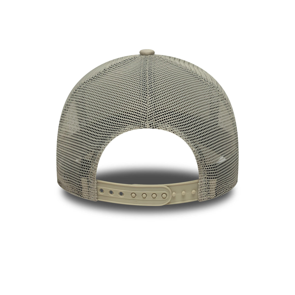 New York Yankees MLB Light Beige New Era 9FORTY A-Frame Trucker Cap, rear view showing the open mesh back panels and beige plastic snap closure against the light beige crown, with a matching top button.