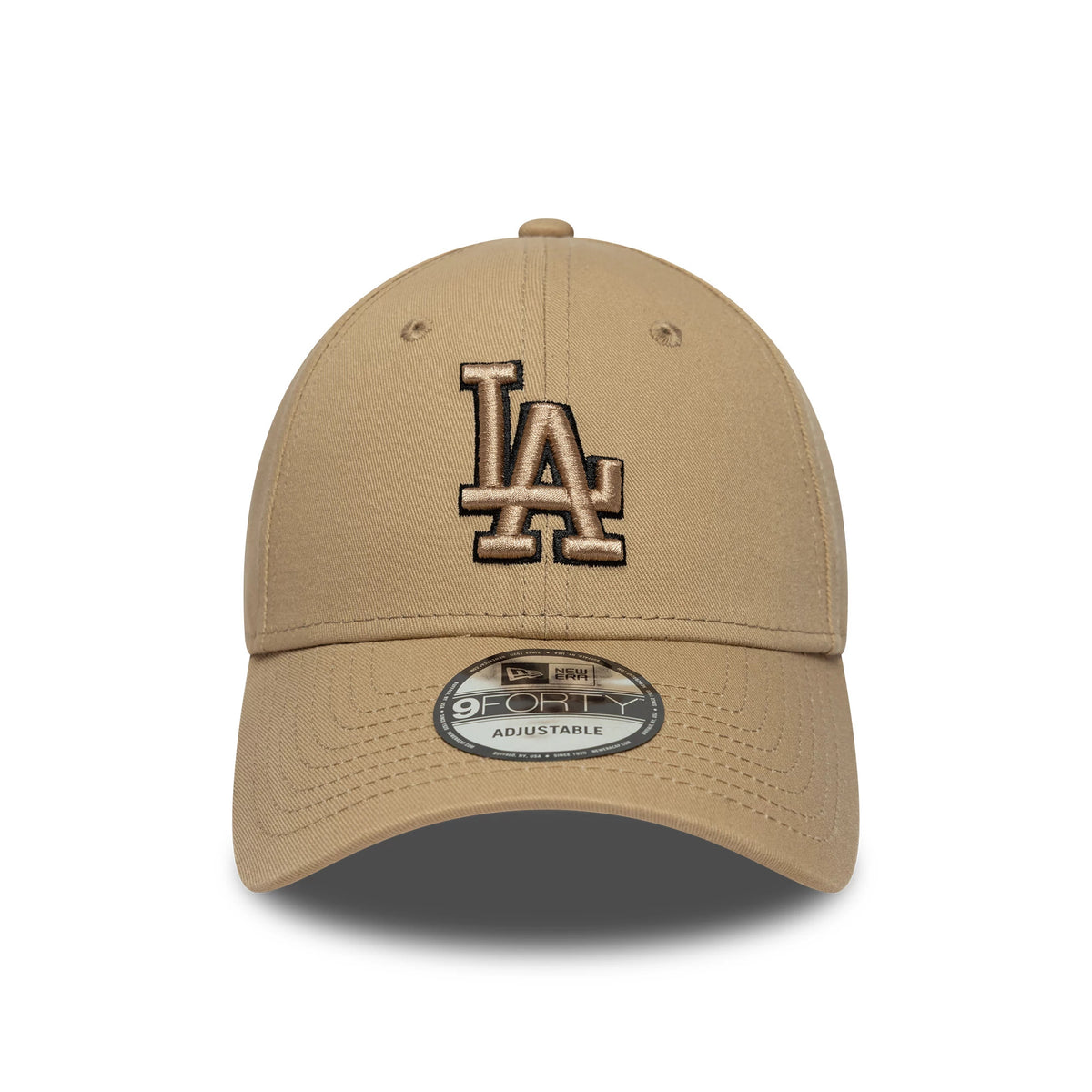 LA Dodgers MLB Team Outline Light Beige New Era 9FORTY Cap, front view showing the raised beige and black embroidered LA logo on the structured crown, with a 9FORTY size sticker on the curved beige visor.