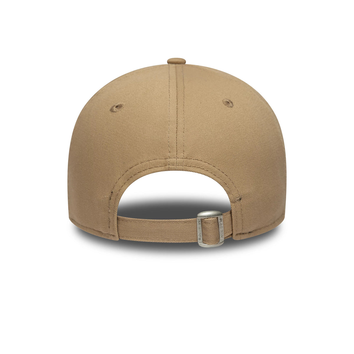 LA Dodgers MLB Team Outline Light Beige New Era 9FORTY Cap, rear view showing the curved light beige visor and an adjustable strap with buckle at the back, featuring embroidered eyelets on the structured crown.