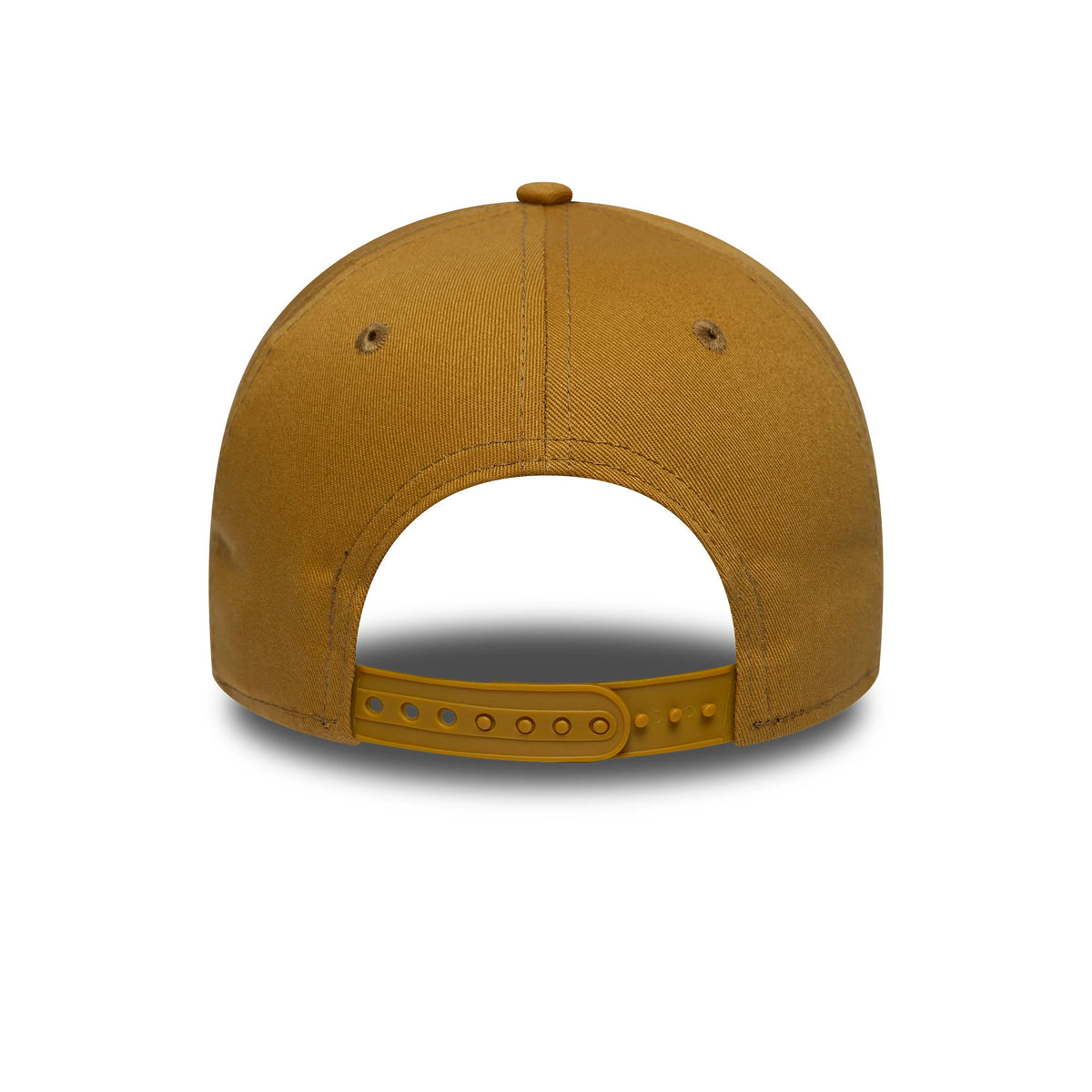 New York Yankees MLB League Essential Beige New Era 9FORTY E-Frame Cap, rear view showing the adjustable beige strap at the back, with beige eyelets and a matching top button on the unstructured crown.