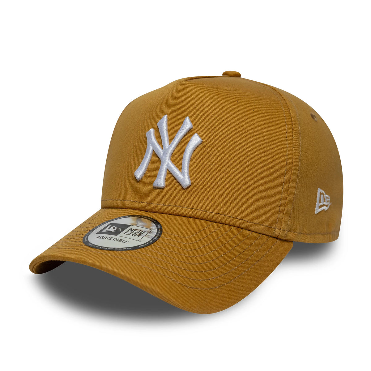 New York Yankees MLB League Essential Beige New Era 9FORTY E-Frame Cap, front view showing the large white embroidered NY logo on the structured crown, with a curved visor, adjustable back strap, and New Era flag logo on the left side.
