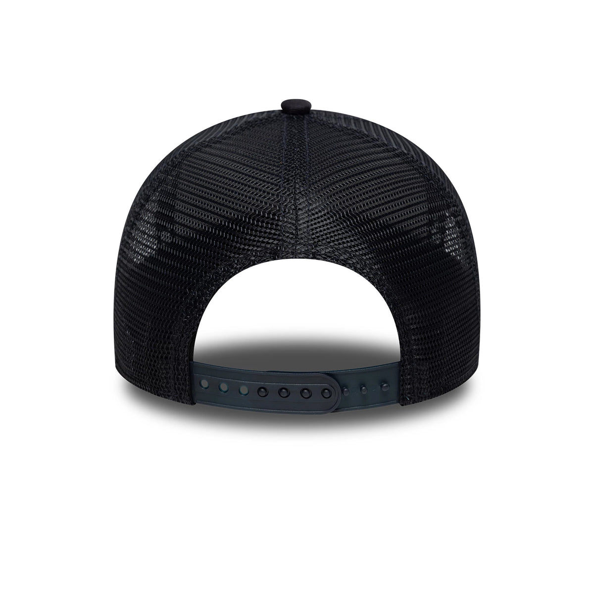 New York Yankees MLB Outline Navy New Era 9FORTY E-Frame Trucker Cap, rear view showing the mesh back panels and adjustable navy snap closure beneath the black top button, highlighting the classic trucker design.
