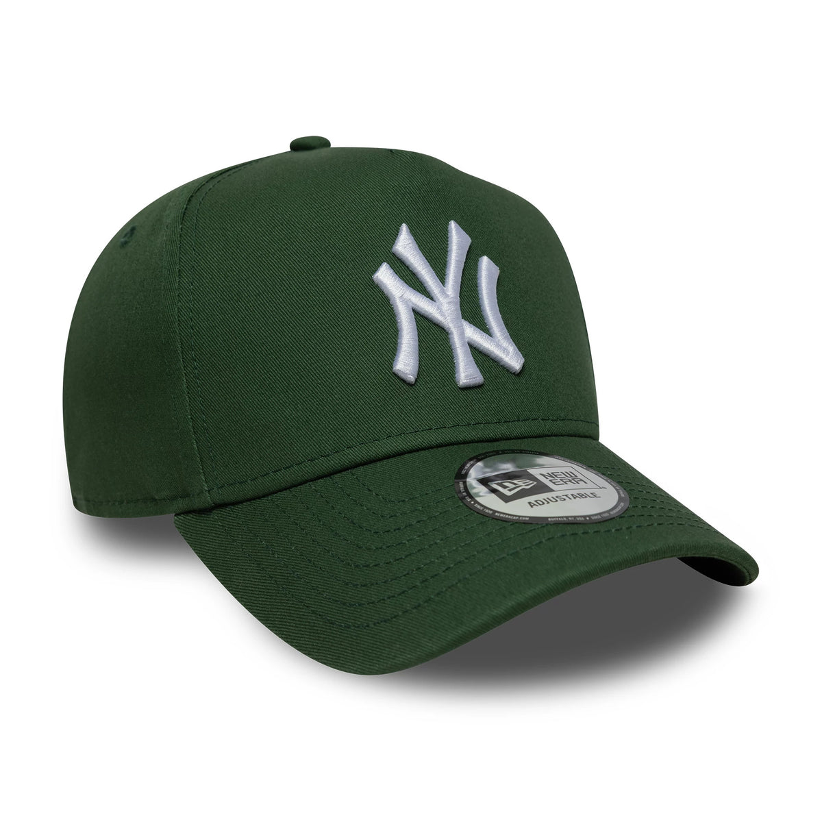 New York Yankees MLB Dark Green New Era 9FORTY E-Frame Cap, three-quarter view showing raised white NY logo on the front panel, curved visor with a black 9FORTY size sticker, and dark green structured crown.