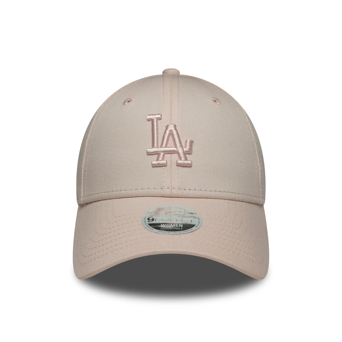 LA Dodgers Womens MLB Midi Pastel Pink New Era 9FORTY Cap, front view showing the raised embroidered LA logo in pastel pink on the structured crown, with a matching pink curved visor and a 9FORTY size sticker.