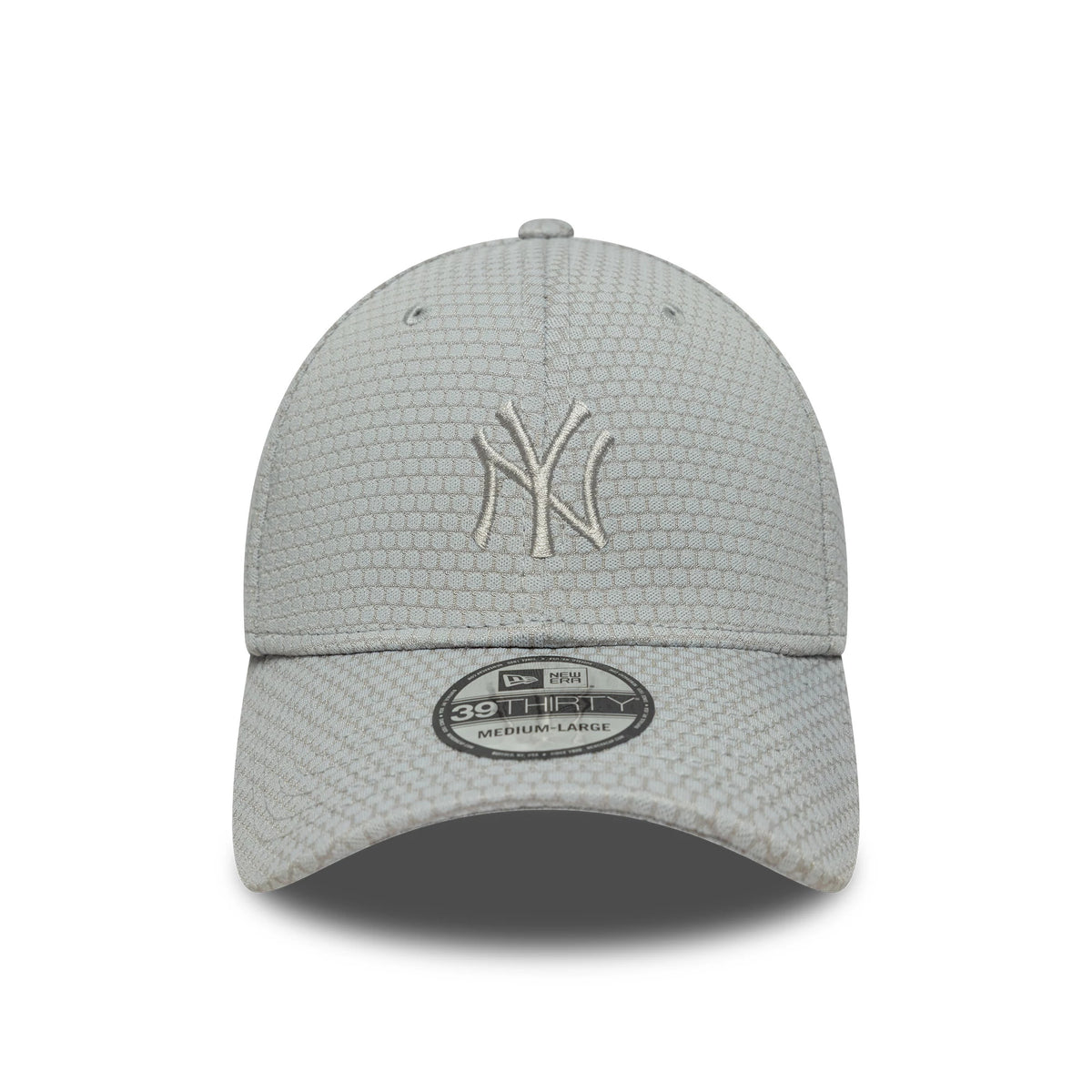 New York Yankees MLB Mesh Grey New Era 39THIRTY Stretch Fit Cap, front view showing the white raised embroidered NY logo on the structured grey mesh crown with a 39THIRTY size sticker on the curved grey visor.