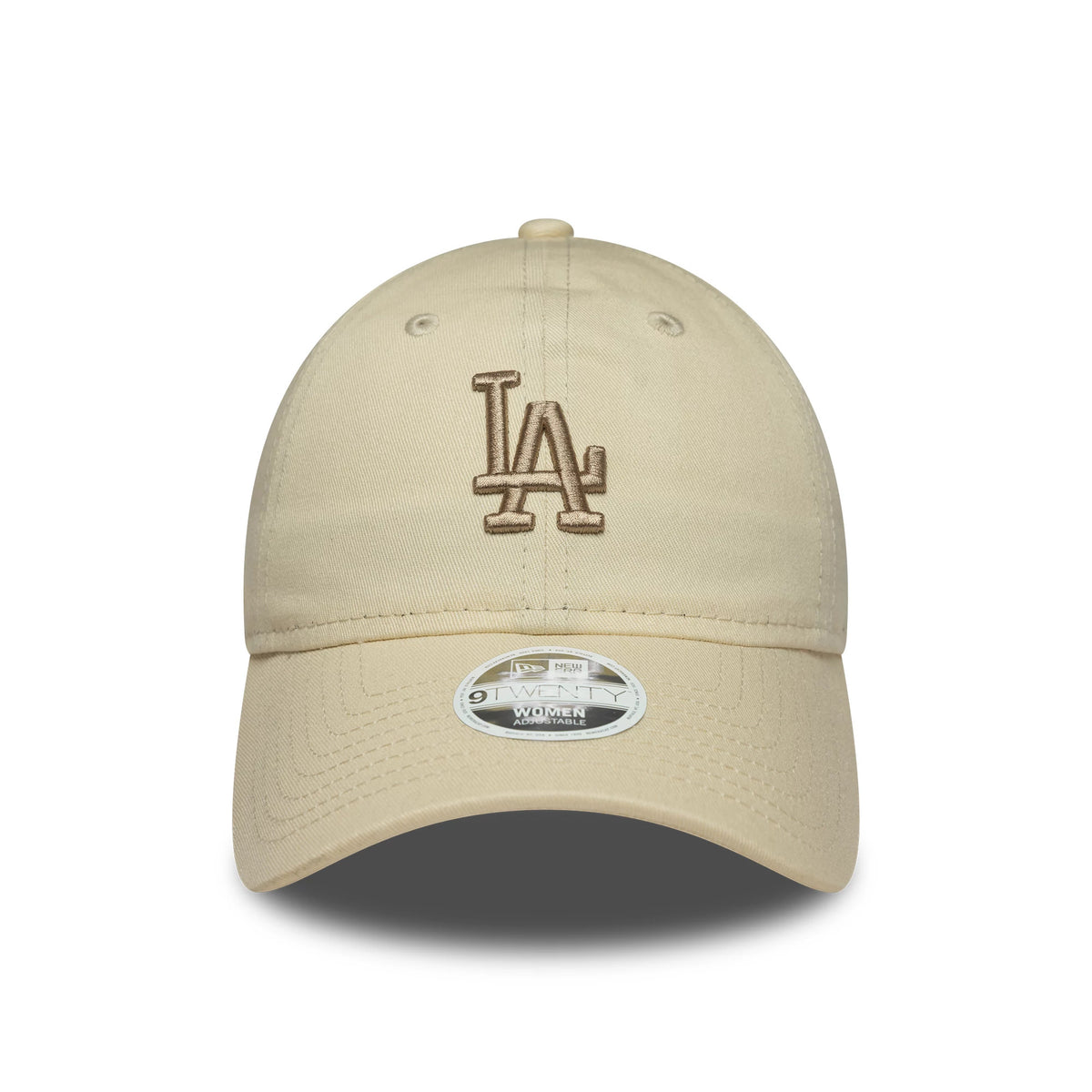 LA Dodgers Womens MLB Midi Light Beige New Era 9TWENTY Cap, front view showing the brown embroidered LA logo on the crown, curved visor with the 9TWENTY size sticker, and matching beige top button.