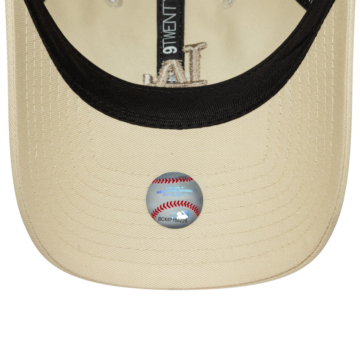 LA Dodgers Womens MLB Midi Light Beige New Era 9TWENTY Cap, inside view showing the black sweatband, beige undervisor, MLB logo sticker on the undervisor, black taping, and cream embroidered LA logo detail through the crown.