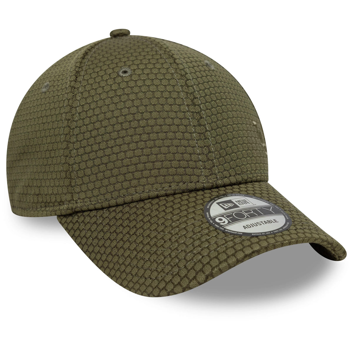 LA Dodgers MLB Flawless Mesh Green New Era 9FORTY Cap, three-quarter view showing the embroidered LA logo on the front panel, honeycomb mesh pattern across the crown and visor, and a 9FORTY size sticker on the curved visor.