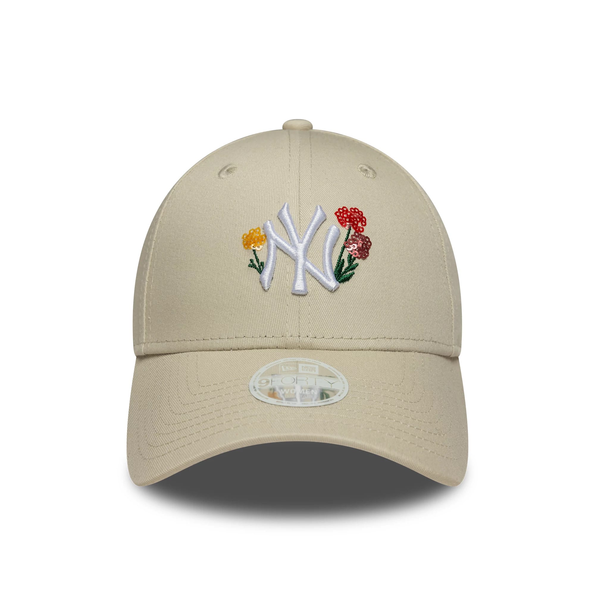 Pictured is this Womens MLB Floral New York Yankees 9FORTY in light beige. 2