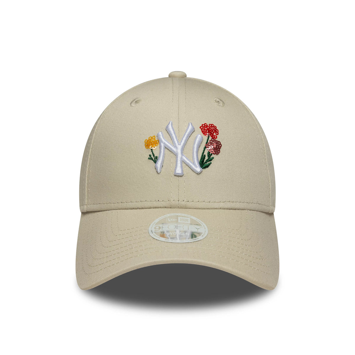 New York Yankees Womens MLB Floral Light Beige New Era 9FORTY Cap, front view showing white NY logo with colourful floral embroidery on the structured crown and a 9FORTY size sticker on the curved beige visor.