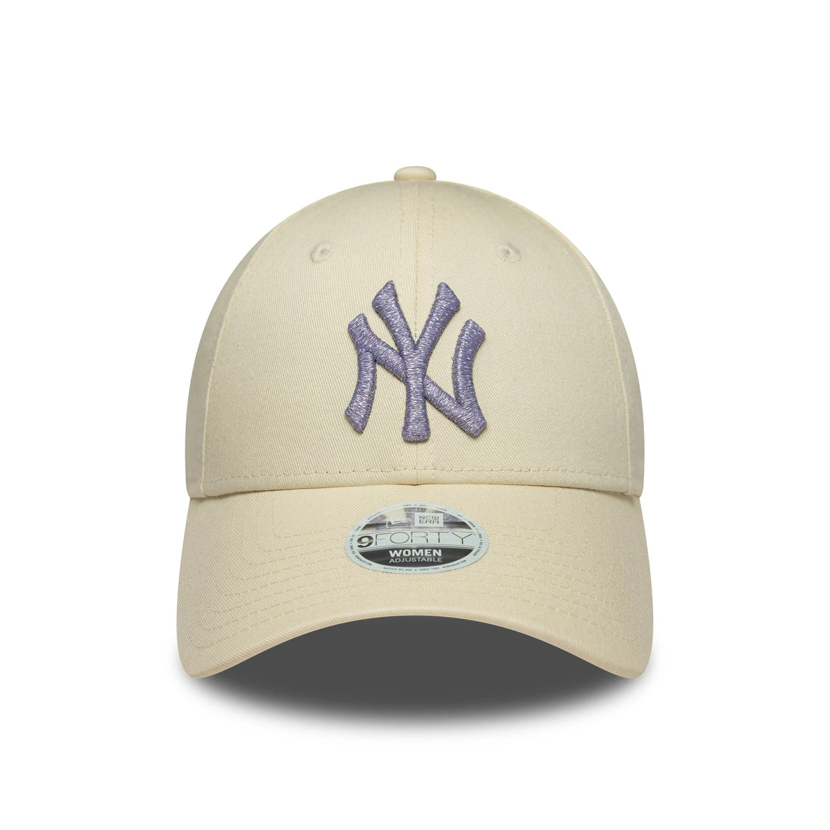 New York Yankees Womens MLB Metallic Logo Light Beige New Era 9FORTY Cap, front view showing the lavender NY logo in raised embroidery on the structured beige crown with a curved visor and 9FORTY size sticker.