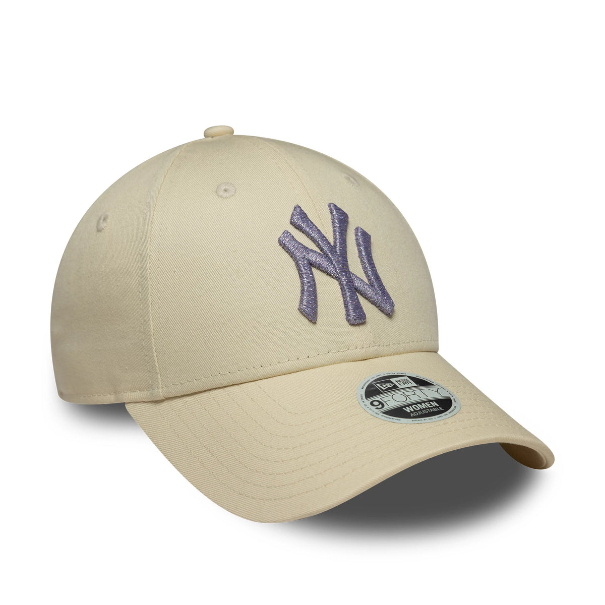 New York Yankees Womens MLB Metallic Logo Light Beige New Era 9FORTY Cap, front view showing a purple NY logo in raised embroidery on the structured light beige crown, with a curved beige visor and a 9FORTY size sticker.