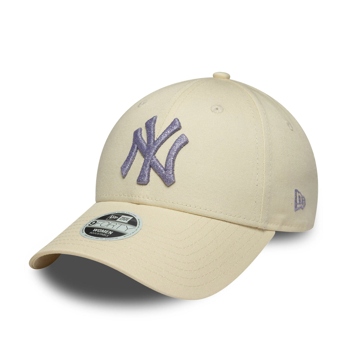 New York Yankees Womens MLB Metallic Logo Light Beige New Era 9FORTY Cap, three-quarter view showing a raised purple NY logo embroidered on the front panel, a beige curved visor and a 9FORTY size sticker on the top.
