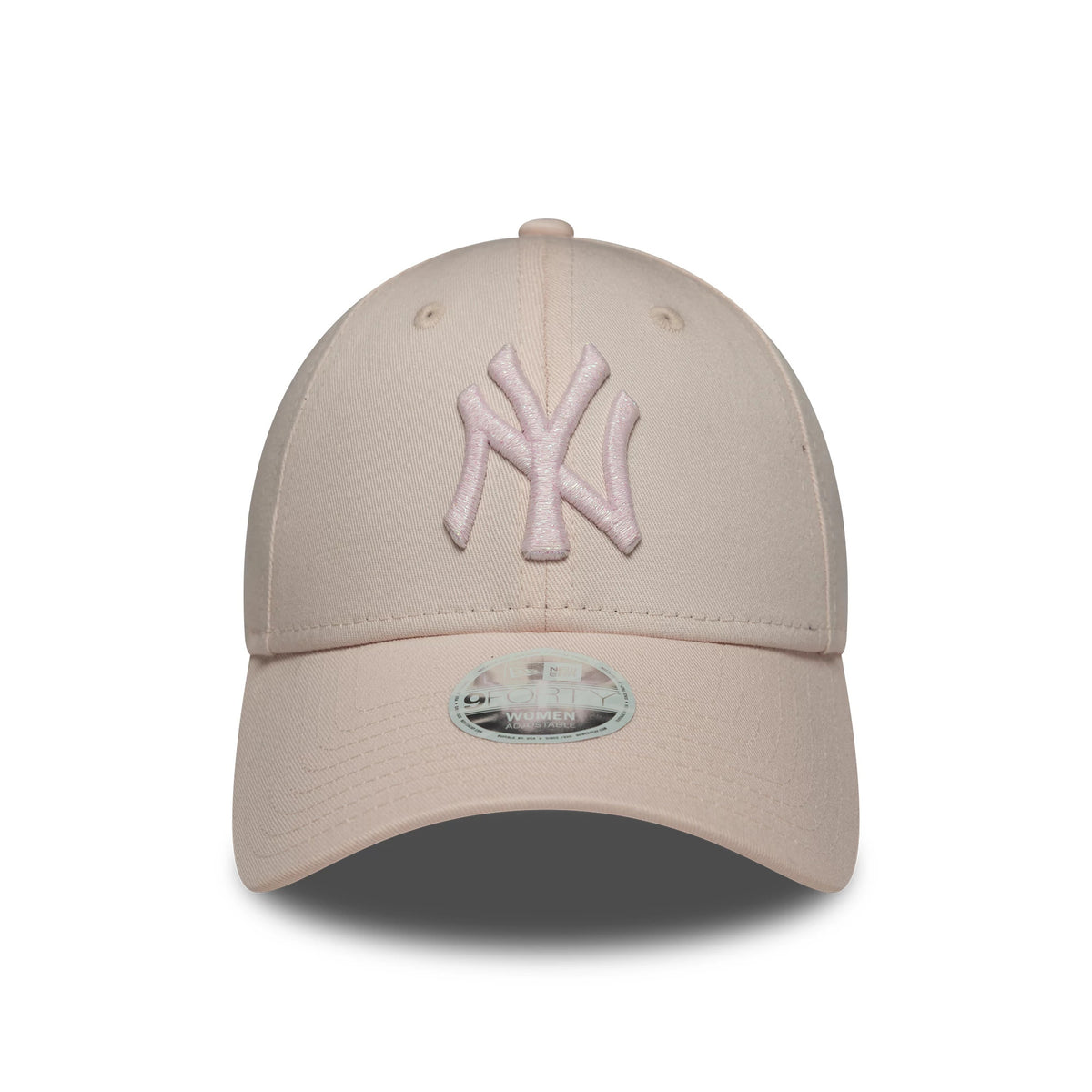 New York Yankees Womens MLB Metallic Logo Pastel Pink New Era 9FORTY Cap, front view showing the light pink raised embroidered NY logo on the structured pastel pink crown, with a 9FORTY size sticker on the matching curved visor.