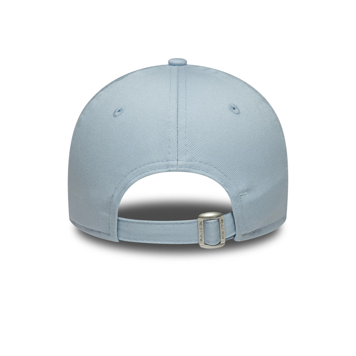 LA Dodgers Womens MLB Metallic Logo Pastel Blue New Era 9FORTY Cap, rear view featuring an adjustable strap with a silver buckle and an arched back opening, highlighted by a structured pastel blue crown.