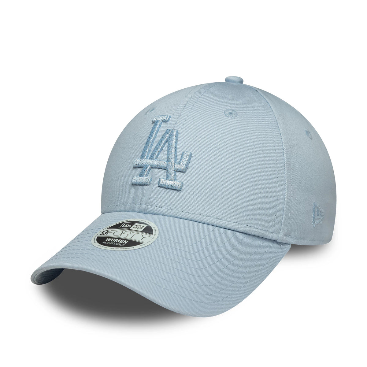LA Dodgers Womens MLB Metallic Logo Pastel Blue New Era 9FORTY Cap, front view showing the raised pastel blue LA logo embroidered on the front panel, a curved visor with a 9FORTY size sticker, and eyelets on the structured crown.