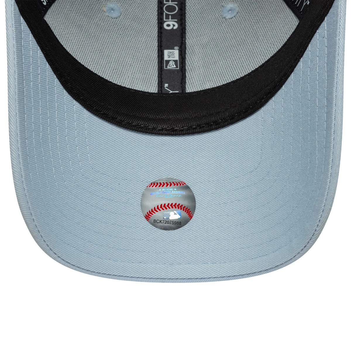 LA Dodgers Womens MLB Metallic Logo Pastel Blue New Era 9FORTY Cap, inside view showing the pastel blue undervisor with a reflective baseball sticker, black sweatband, and branded taping in contrasting light grey.
