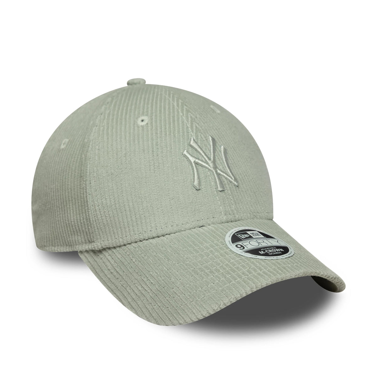 New York Yankees Womens MLB Pastel Cord Green New Era 9FORTY M-Crown Cap, three-quarter view showing the white raised embroidered NY logo on the front panel with a 9FORTY size sticker on the curved green visor.