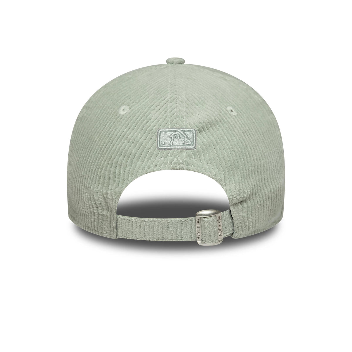 New York Yankees Womens MLB Pastel Cord Green New Era 9FORTY M-Crown Cap, rear view showing the grey embroidered MLB Batterman logo at the centre, adjustable strap with a buckle, and soft textured green corduroy fabric.