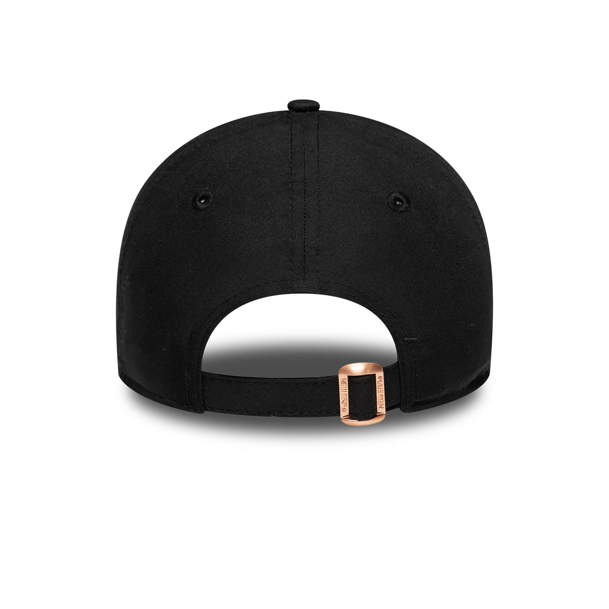 New York Yankees Womens MLB Flawless Black New Era 9FORTY Cap, rear view showing a black adjustable strap with a rose gold buckle, set on an unstructured black crown with eyelets and a top button.
