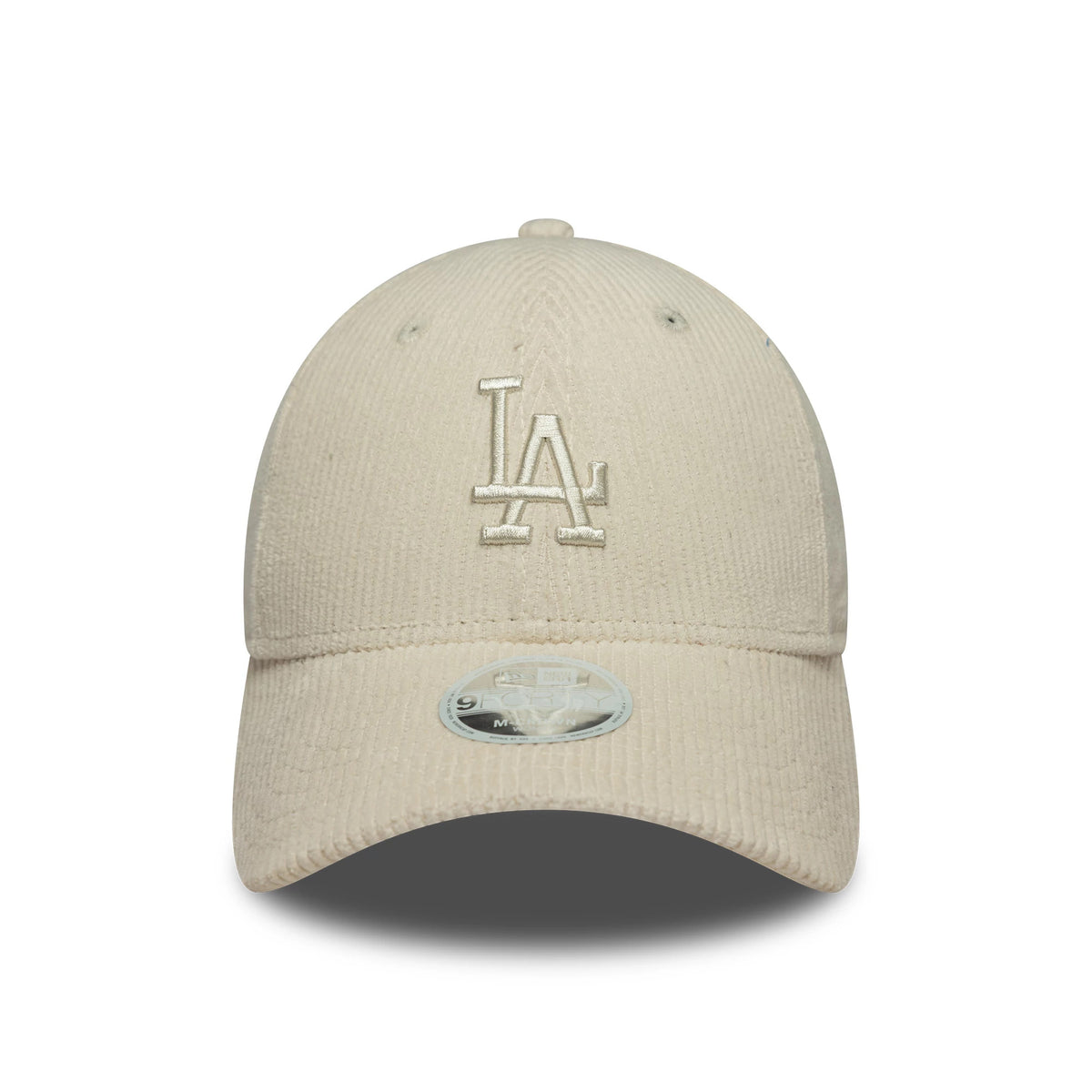 LA Dodgers Womens MLB Pastel Cord Light Beige New Era 9FORTY M-Crown Cap, front view showing the raised LA logo in matching light beige embroidery on the soft corduroy fabric, with a 9FORTY size sticker on the curved visor.
