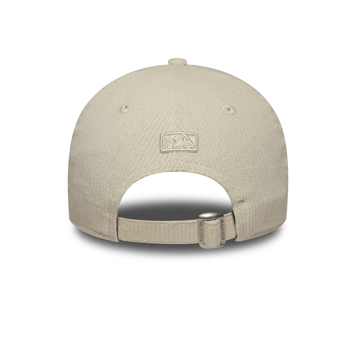 LA Dodgers Womens MLB Pastel Cord Light Beige New Era 9FORTY M-Crown Cap, rear view showing the light beige embroidered MLB Batterman logo at the centre, with a fabric strap and buckle for adjustment.