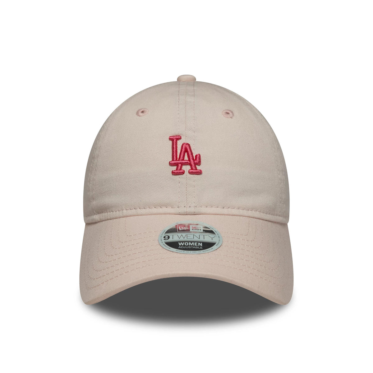 LA Dodgers Womens MLB Washed Mini Pastel Pink New Era 9TWENTY Cap, front view showing a pink embroidered LA logo on the front panel, curved visor, and 9TWENTY size sticker on the visor.