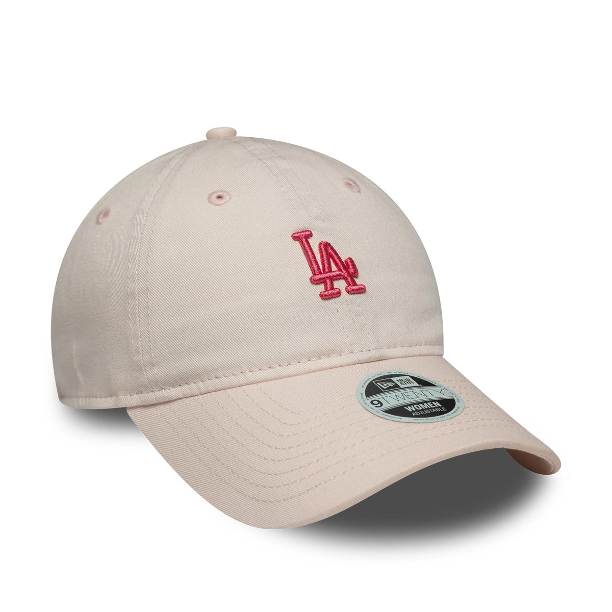 LA Dodgers Womens MLB Washed Mini Pastel Pink New Era 9TWENTY Cap, front view showing the pink raised embroidered LA logo on the unstructured pastel pink crown, with a curved visor and 9TWENTY size sticker.