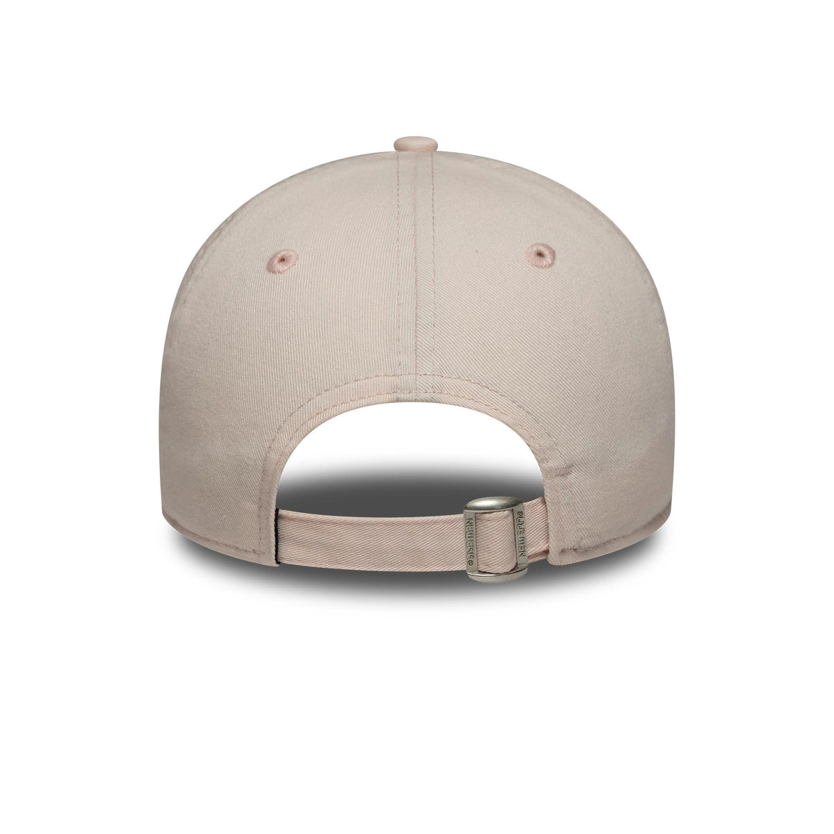 LA Dodgers Womens MLB Washed Mini Pastel Pink New Era 9TWENTY Cap, rear view displaying an adjustable fabric strap with a buckle, soft pastel pink crown, and top button with matching embroidered eyelets on each panel.