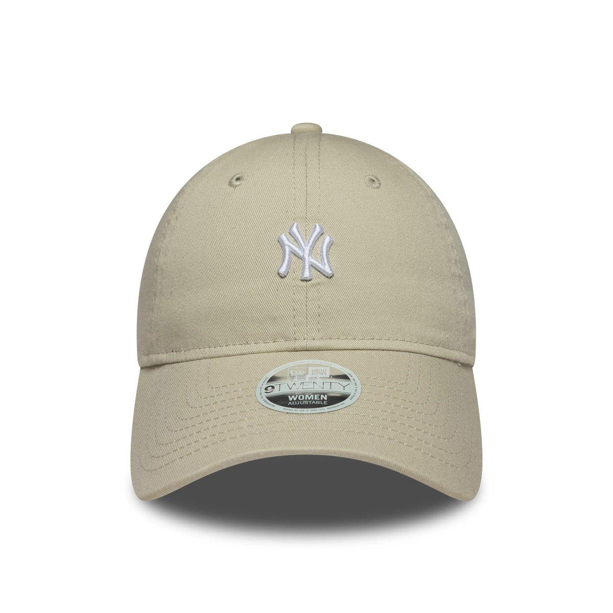 New York Yankees Womens MLB Washed Mini Light Beige New Era 9TWENTY Cap, front view showing a white embroidered NY logo on the structured beige crown and a 9TWENTY size sticker on the curved visor.