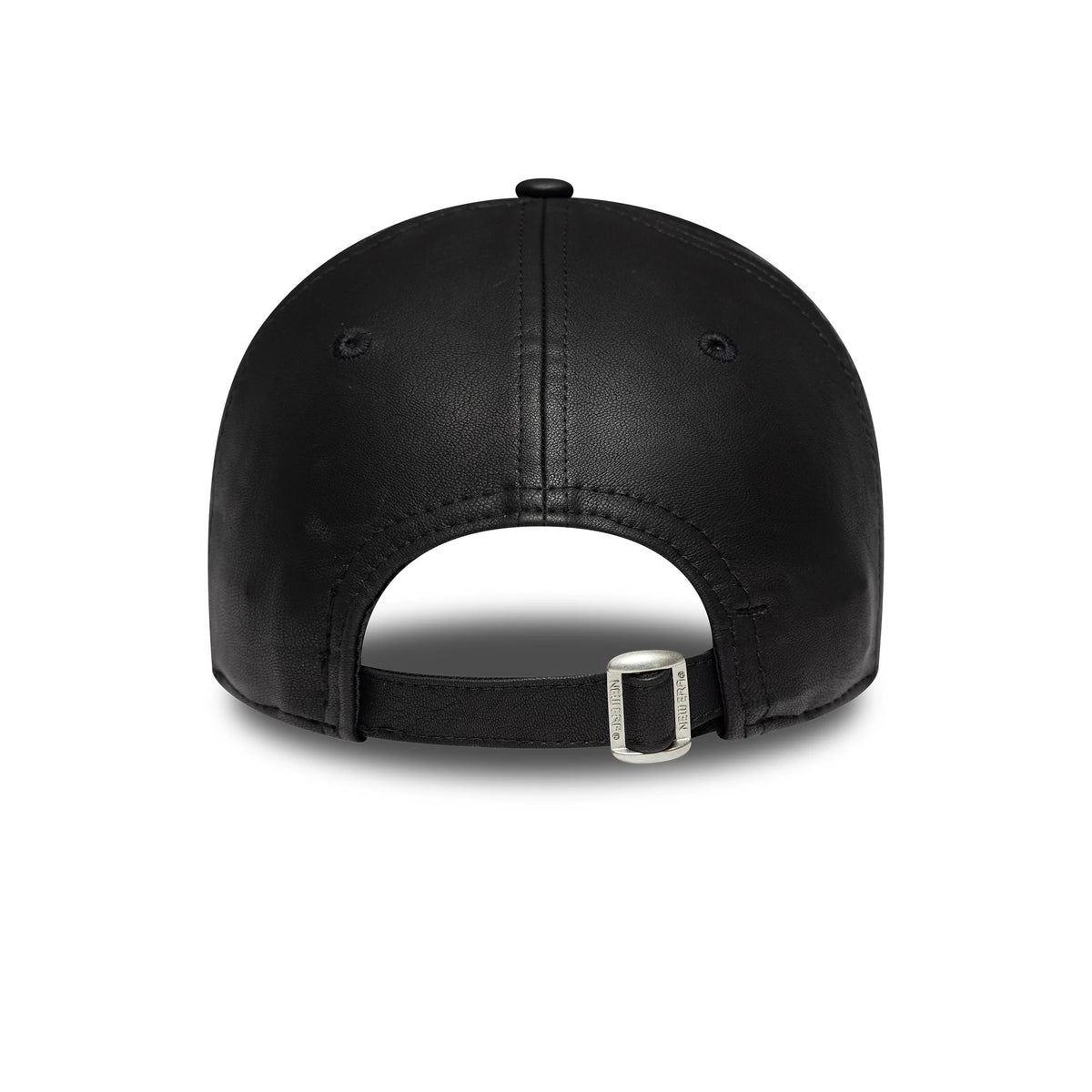 New York Yankees Womens MLB PU Black New Era 9FORTY Cap, rear view showing the adjustable strap with buckle and black PU finish, featuring eyelets and a black top button for a look.