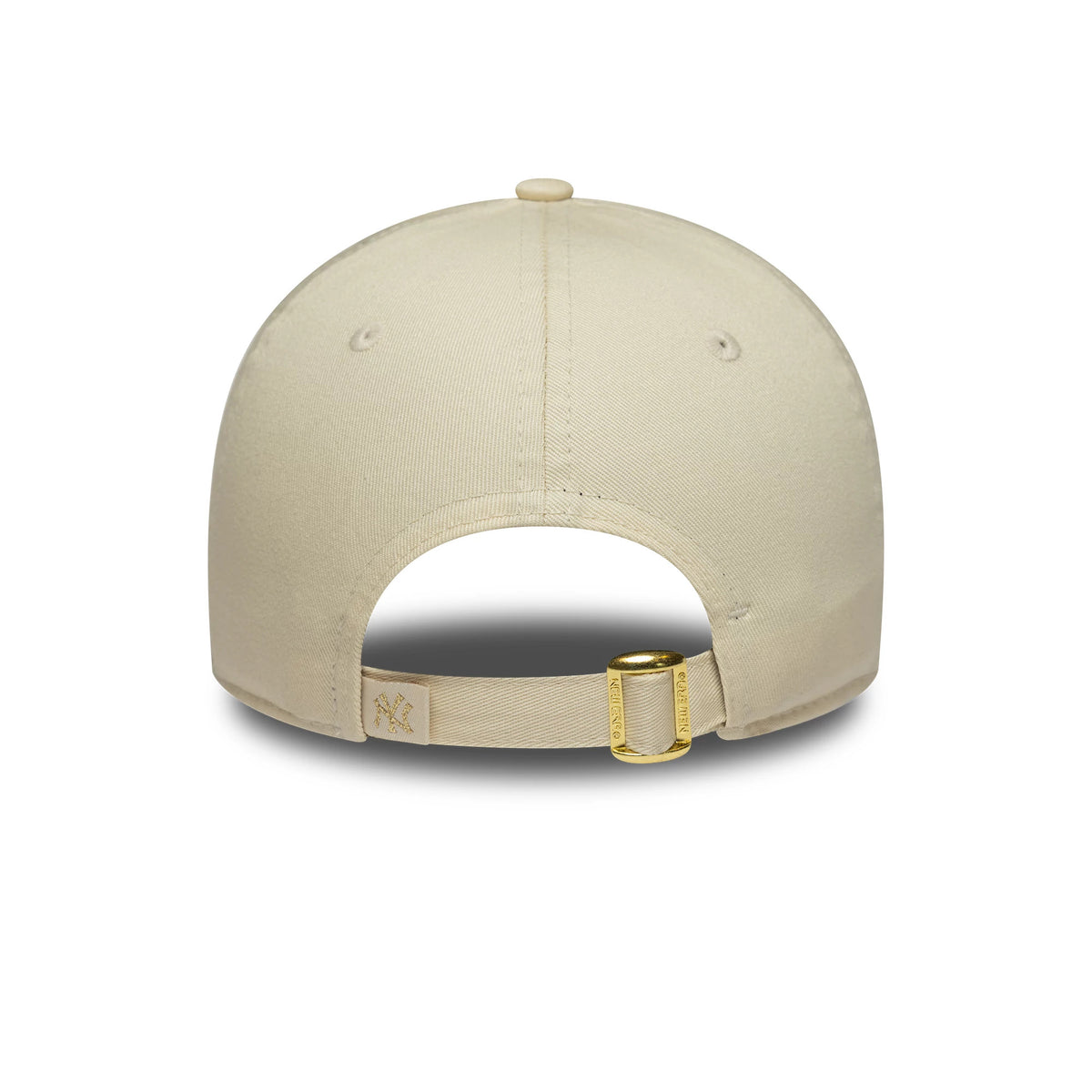 New York Yankees Womens MLB Sequin Wordmark Light Beige New Era 9FORTY Cap, rear view showing the adjustable strap with an embroidered Yankees logo and a gold buckle beneath the light beige structured crown.