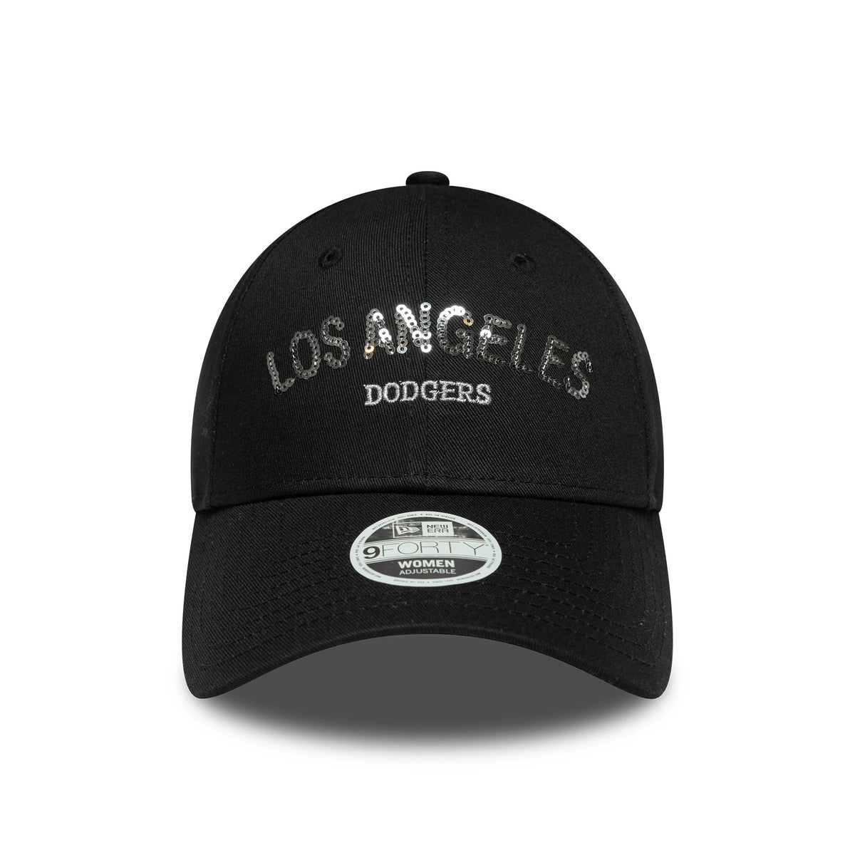 Pictured is this Womens MLB Sequin Wordmark LA Dodgers 9FORTY in black. 2