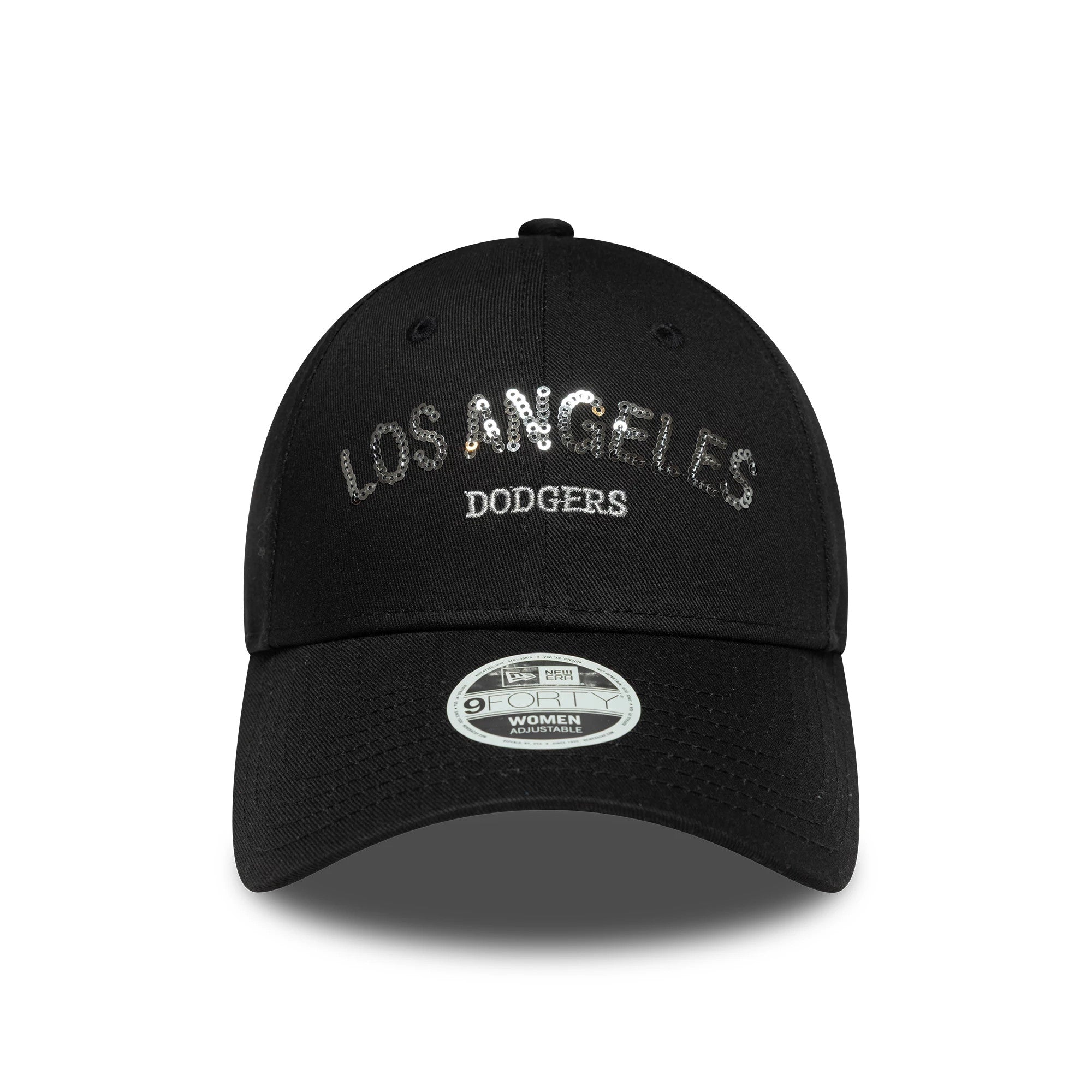 Pictured is this Womens MLB Sequin Wordmark LA Dodgers 9FORTY in black. 2
