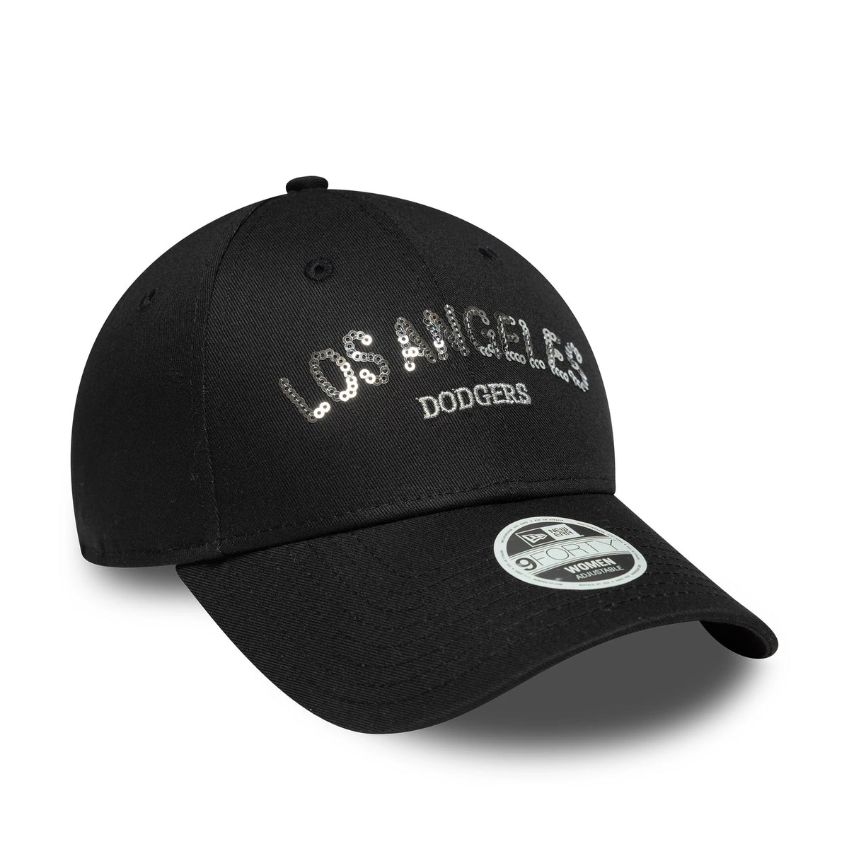 LA Dodgers Womens MLB Sequin Wordmark Black New Era 9FORTY Cap, front view showing silver sequin Los Angeles lettering in raised embroidery on the front panel, with a black curved visor and a 9FORTY size sticker.