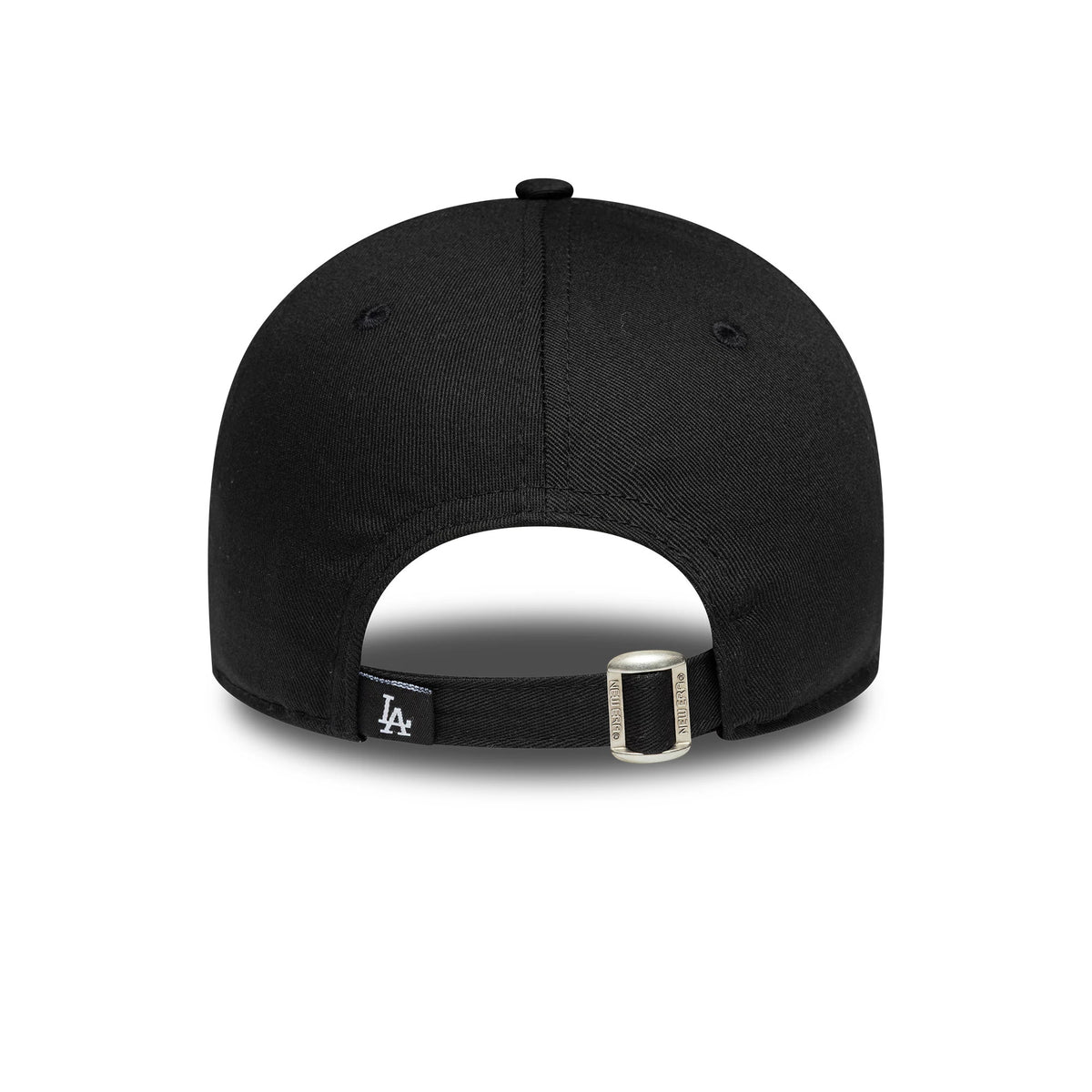 LA Dodgers Womens MLB Sequin Wordmark Black New Era 9FORTY Cap, rear view showing the white embroidered LA logo on the adjustable fabric strap, with a black structured crown and a buckle for sizing.